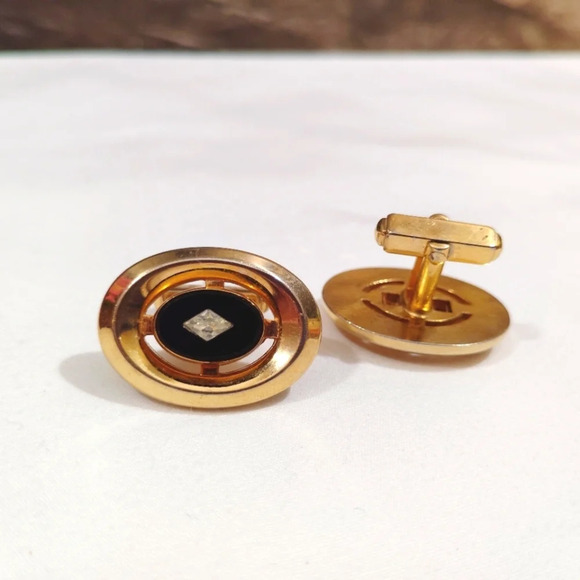 Vintage Anson Cufflinks Gold Tone Onyx Glass Faux Diamond Accent 50s Oval - Picture 1 of 10